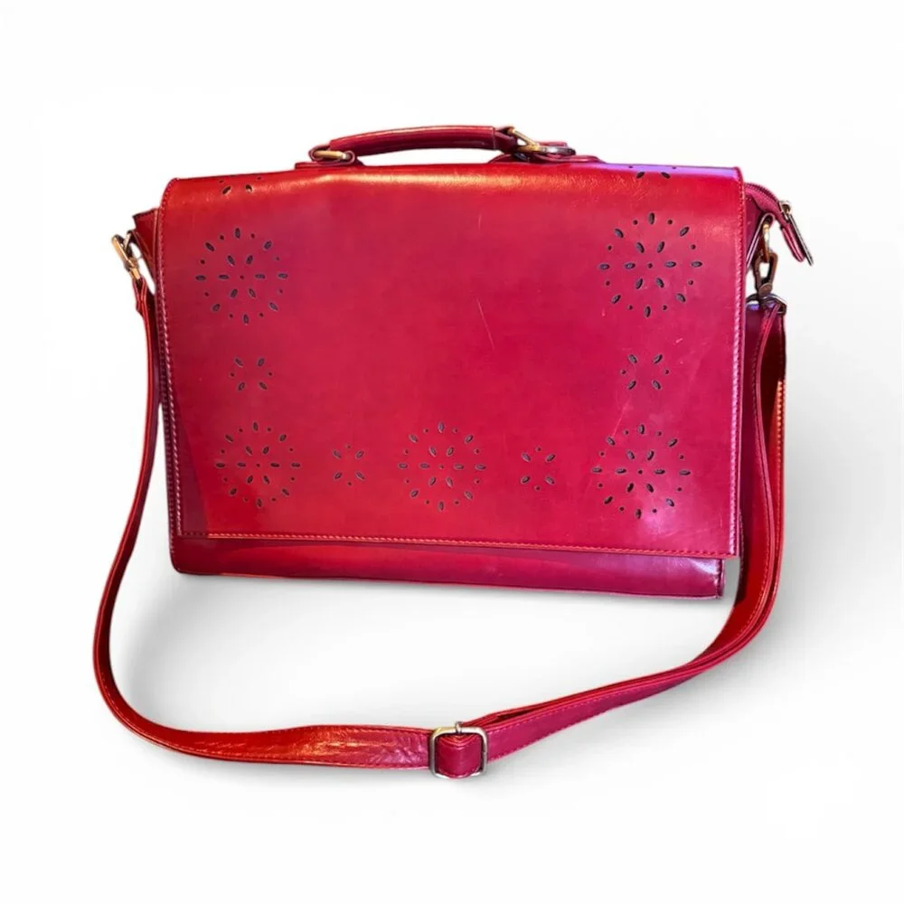 Ecosusi Woman's Briefcase Vegan Red Leather Laptop Back w/Shoulder Strap w/ Bow